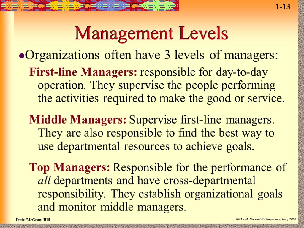 Management Levels Organizations often have 3 levels of managers: First-line Managers: responsible for day-to-day